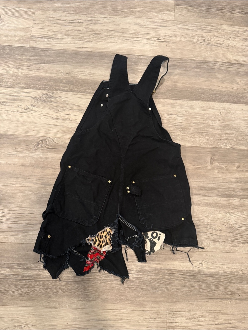 Carhartt Black Short Denim Overalls with Plaid & Leopard Patchwork - Picture 4 of 6